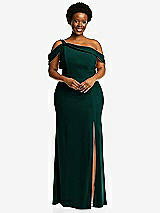 Front View Thumbnail - Evergreen One-Shoulder Draped Cuff Maxi Dress with Front Slit