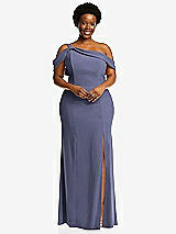 Front View Thumbnail - French Blue One-Shoulder Draped Cuff Maxi Dress with Front Slit