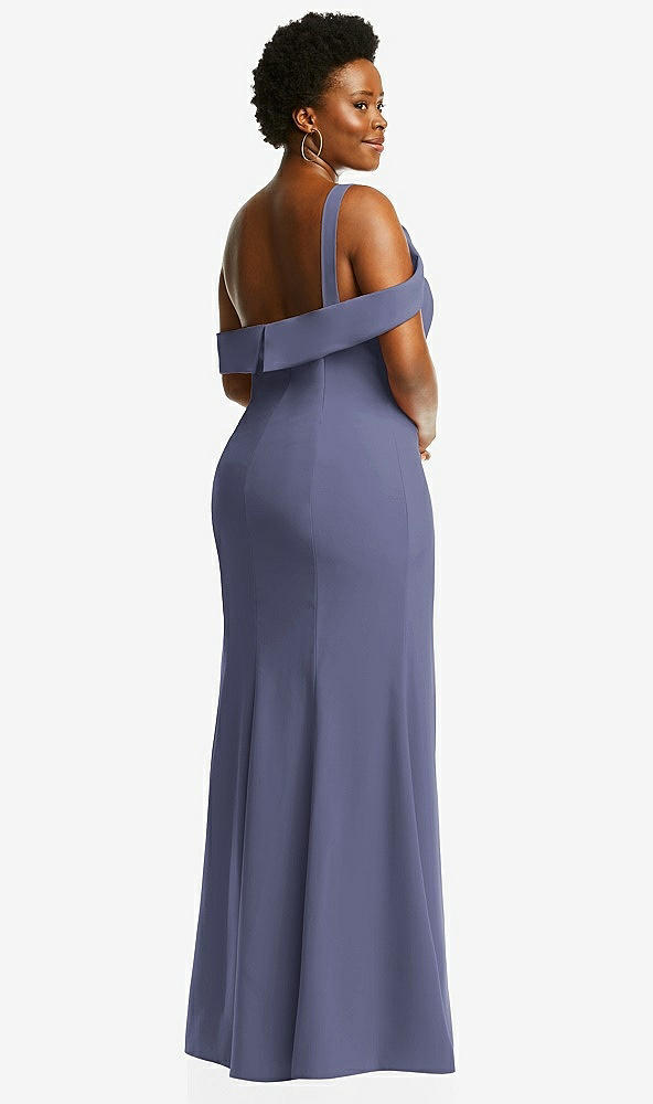 Back View - French Blue One-Shoulder Draped Cuff Maxi Dress with Front Slit