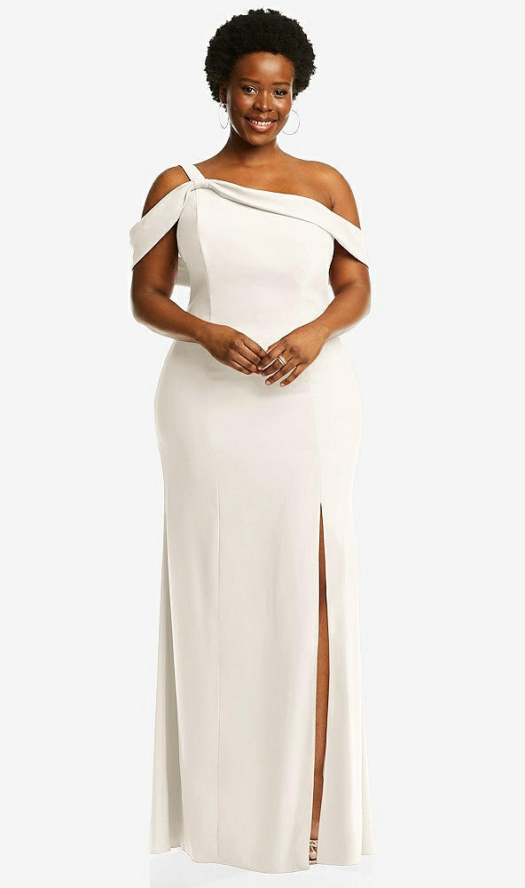 Front View - Ivory One-Shoulder Draped Cuff Maxi Dress with Front Slit