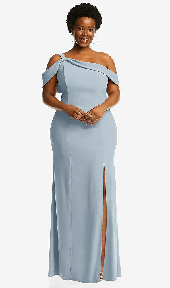 Front View - Mist One-Shoulder Draped Cuff Maxi Dress with Front Slit