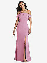 Alt View 1 Thumbnail - Powder Pink One-Shoulder Draped Cuff Maxi Dress with Front Slit