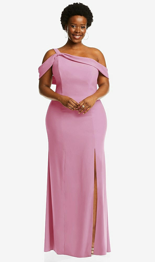 Front View - Powder Pink One-Shoulder Draped Cuff Maxi Dress with Front Slit