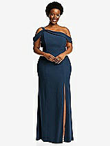 Front View Thumbnail - Sofia Blue One-Shoulder Draped Cuff Maxi Dress with Front Slit