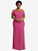 Front View Thumbnail - Tea Rose One-Shoulder Draped Cuff Maxi Dress with Front Slit