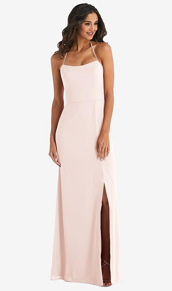 Front View - Blush Spaghetti Strap Tie Halter Backless Trumpet Gown