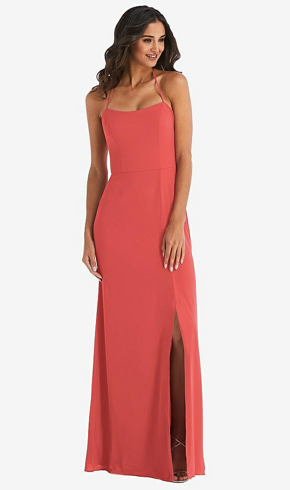 Front View - Perfect Coral Spaghetti Strap Tie Halter Backless Trumpet Gown