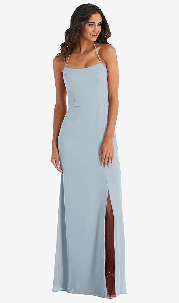 Front View - Mist Spaghetti Strap Tie Halter Backless Trumpet Gown