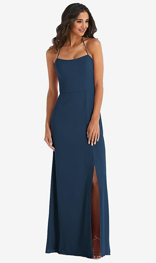 Front View - Sofia Blue Spaghetti Strap Tie Halter Backless Trumpet Gown