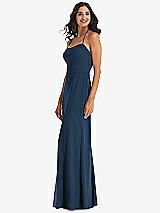 Side View Thumbnail - Sofia Blue Spaghetti Strap Tie Halter Backless Trumpet Gown
