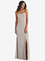 Front View Thumbnail - Taupe Spaghetti Strap Tie Halter Backless Trumpet Gown