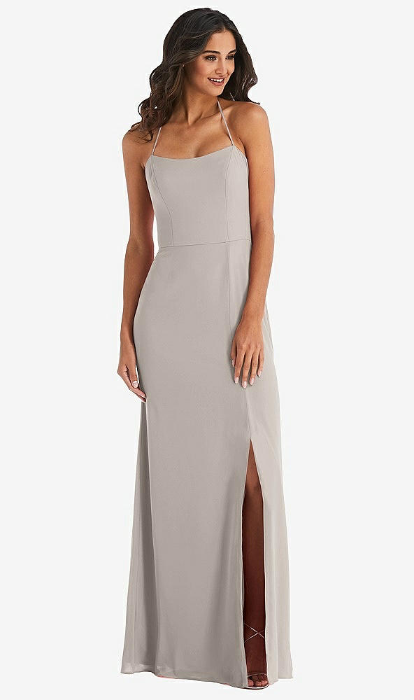 Front View - Taupe Spaghetti Strap Tie Halter Backless Trumpet Gown