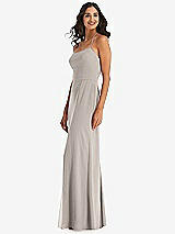 Side View Thumbnail - Taupe Spaghetti Strap Tie Halter Backless Trumpet Gown