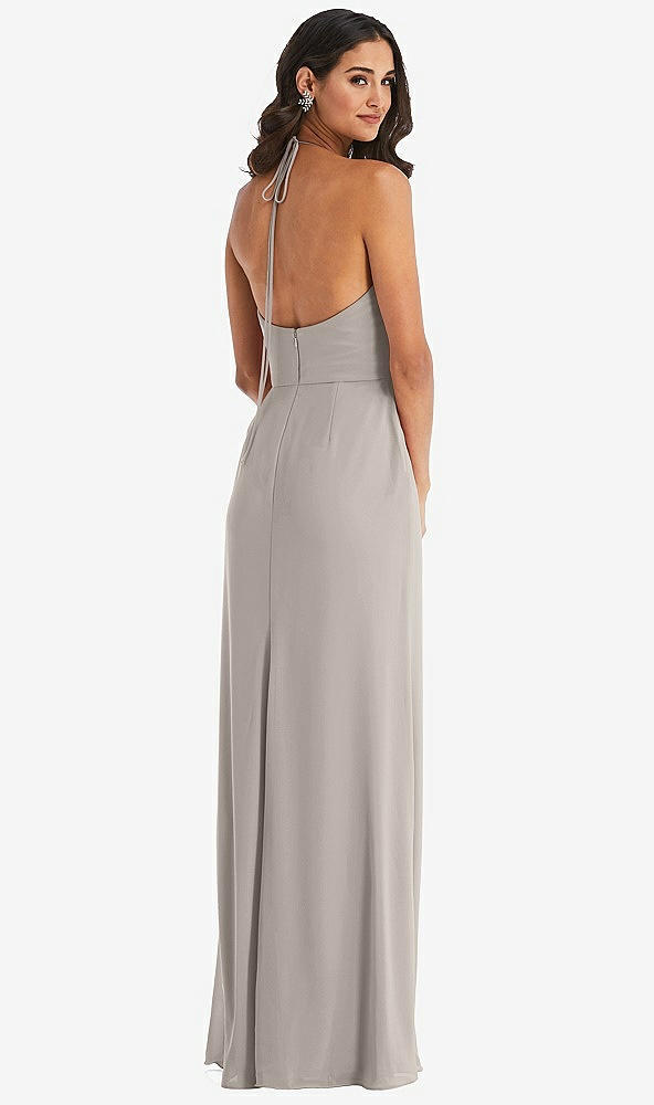 Back View - Taupe Spaghetti Strap Tie Halter Backless Trumpet Gown