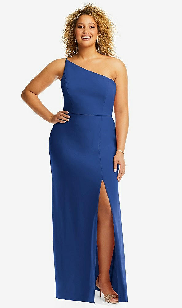 Front View - Classic Blue Skinny One-Shoulder Trumpet Gown with Front Slit