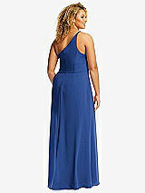 Rear View Thumbnail - Classic Blue Skinny One-Shoulder Trumpet Gown with Front Slit