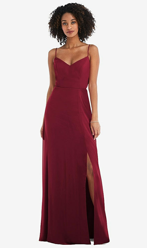 Front View - Burgundy Tie-Back Cutout Maxi Dress with Front Slit