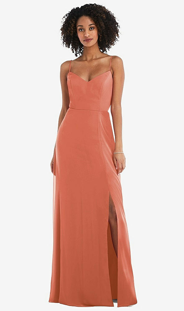 Front View - Terracotta Copper Tie-Back Cutout Maxi Dress with Front Slit