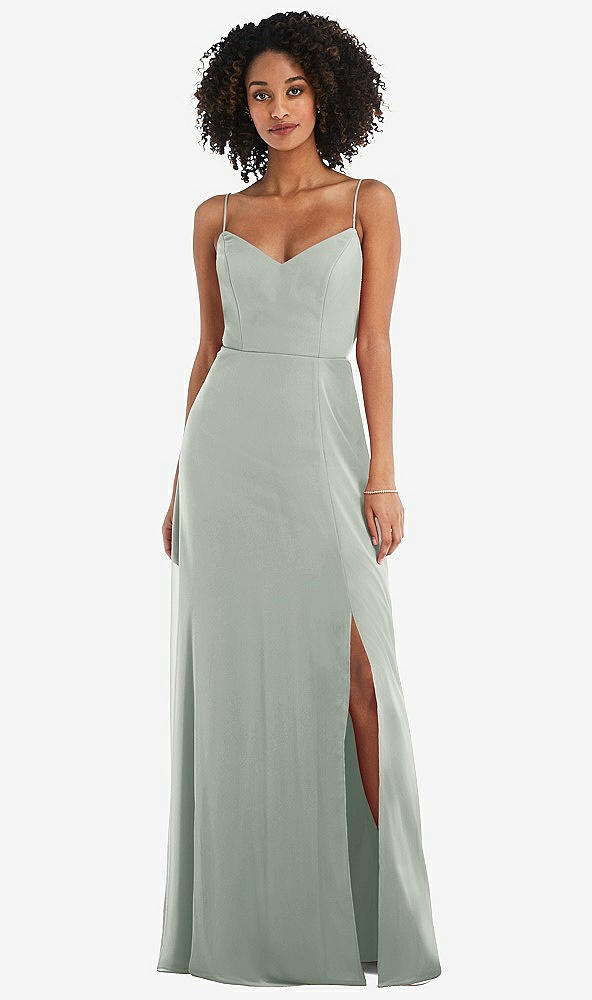 Front View - Willow Green Tie-Back Cutout Maxi Dress with Front Slit