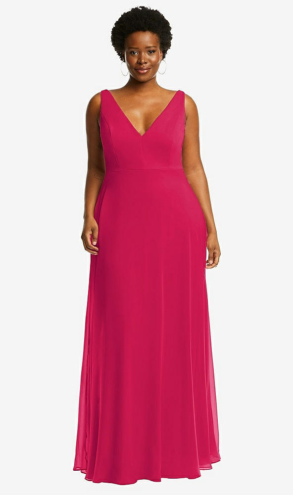 Front View - Vivid Pink Deep V-Neck Chiffon Maxi Dress