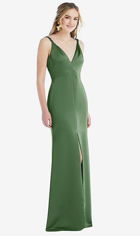 Front View - Vineyard Green Twist Strap Maxi Slip Dress with Front Slit - Neve