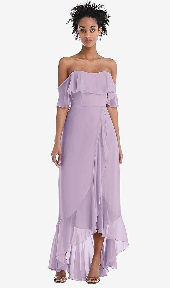 Front View - Pale Purple Off-the-Shoulder Ruffled High Low Maxi Dress