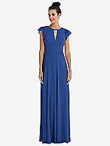 Front View Thumbnail - Classic Blue Flutter Sleeve V-Keyhole Chiffon Maxi Dress