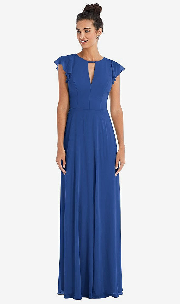 Front View - Classic Blue Flutter Sleeve V-Keyhole Chiffon Maxi Dress