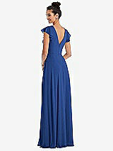 Rear View Thumbnail - Classic Blue Flutter Sleeve V-Keyhole Chiffon Maxi Dress
