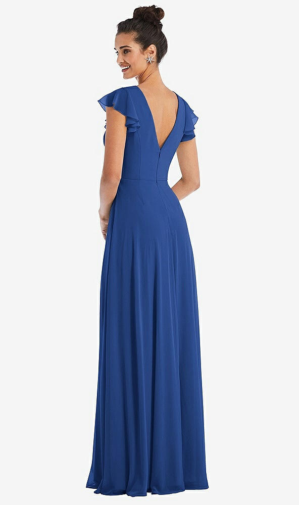 Back View - Classic Blue Flutter Sleeve V-Keyhole Chiffon Maxi Dress