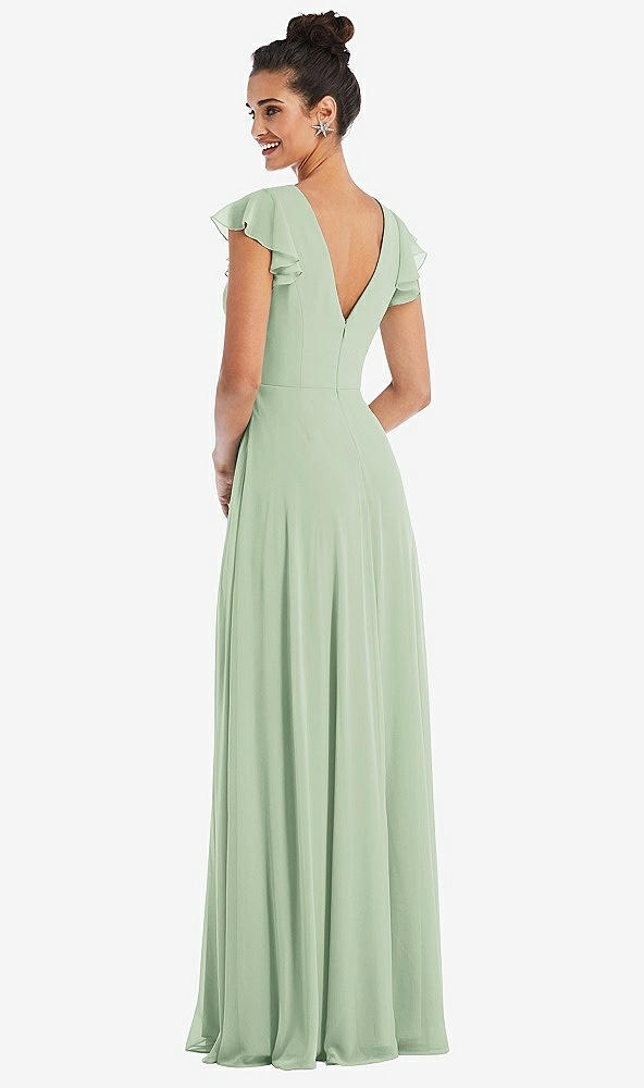 Back View - Celadon Flutter Sleeve V-Keyhole Chiffon Maxi Dress