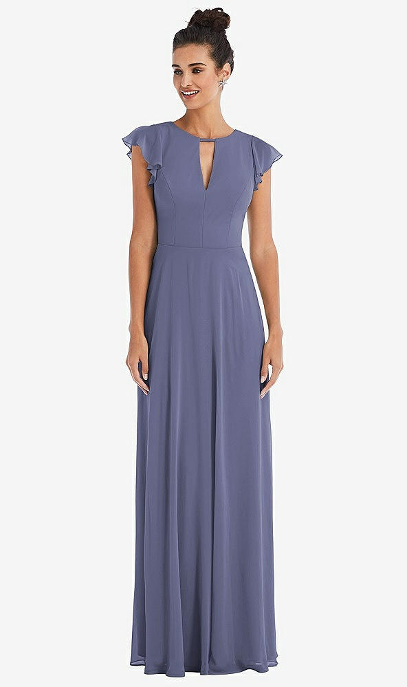 Front View - French Blue Flutter Sleeve V-Keyhole Chiffon Maxi Dress