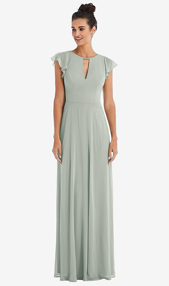 Front View - Willow Green Flutter Sleeve V-Keyhole Chiffon Maxi Dress