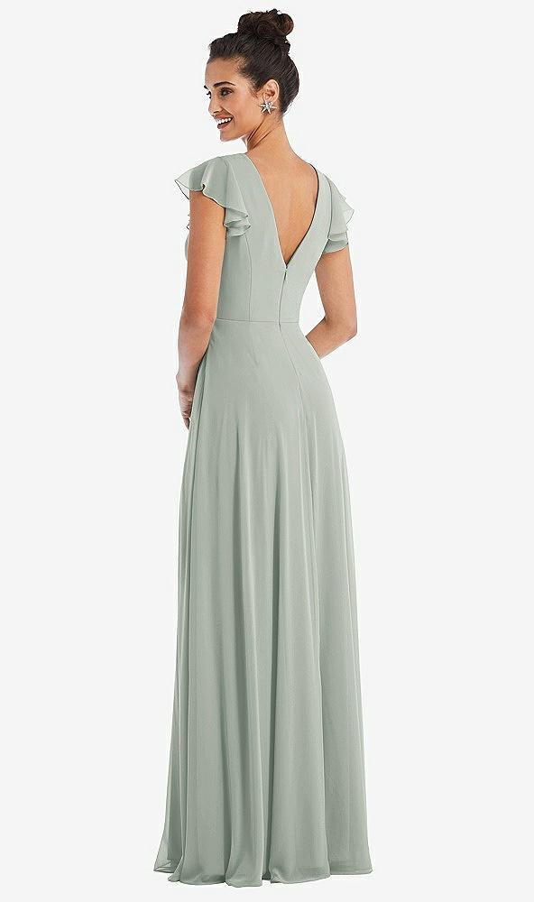 Back View - Willow Green Flutter Sleeve V-Keyhole Chiffon Maxi Dress