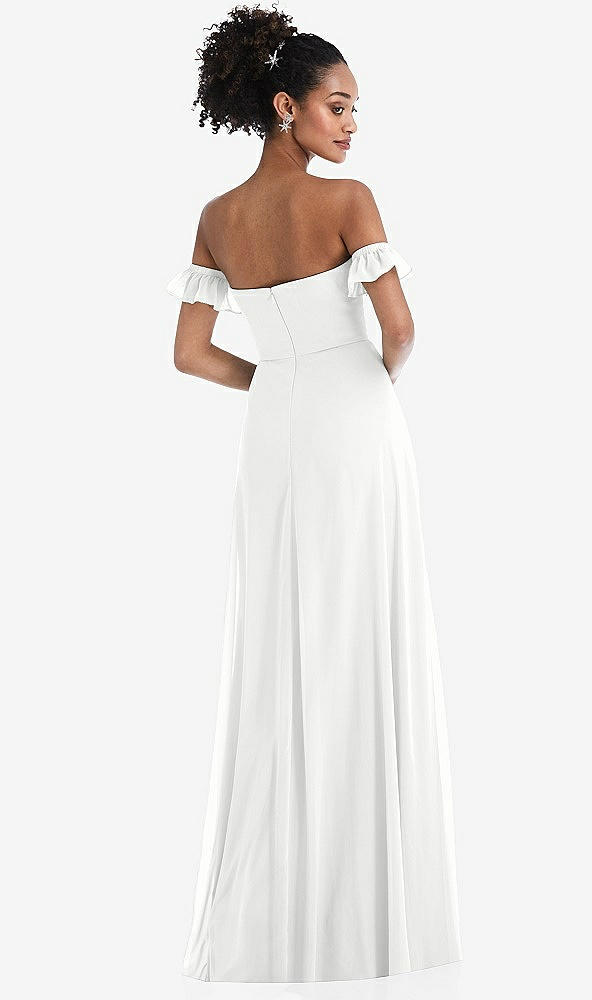 Back View - White Off-the-Shoulder Ruffle Cuff Sleeve Chiffon Maxi Dress