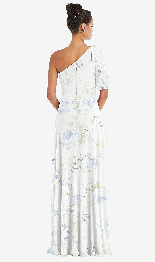 Back View - Bleu Garden Bow One-Shoulder Flounce Sleeve Maxi Dress
