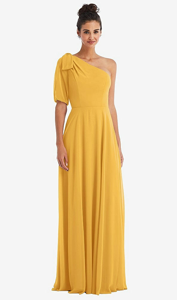 Front View - NYC Yellow Bow One-Shoulder Flounce Sleeve Maxi Dress