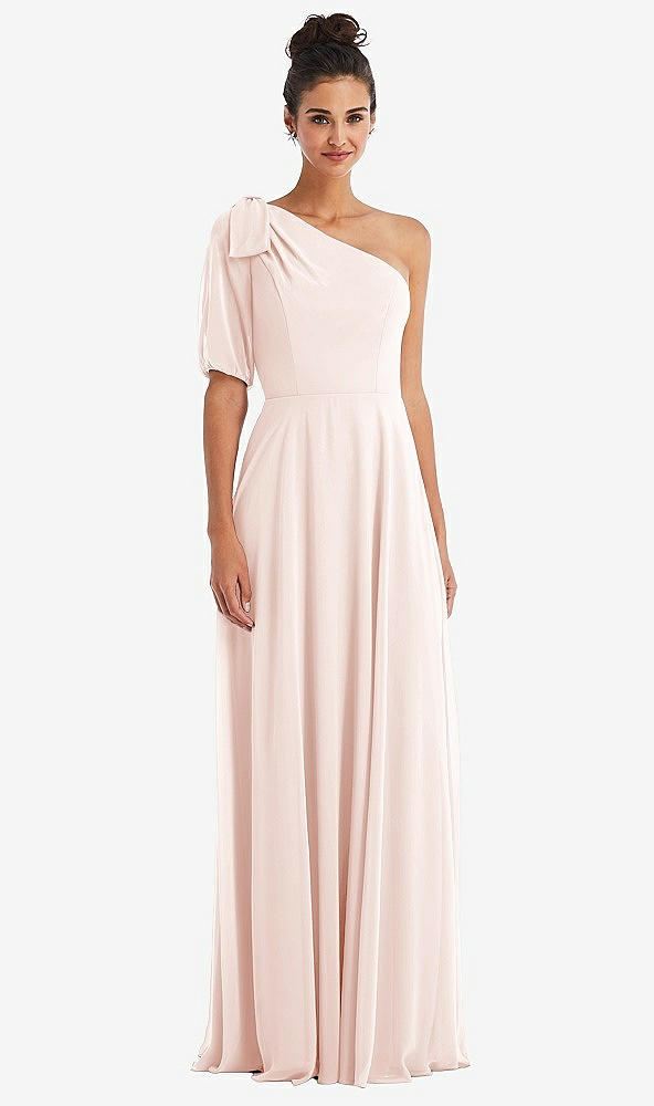 Front View - Blush Bow One-Shoulder Flounce Sleeve Maxi Dress