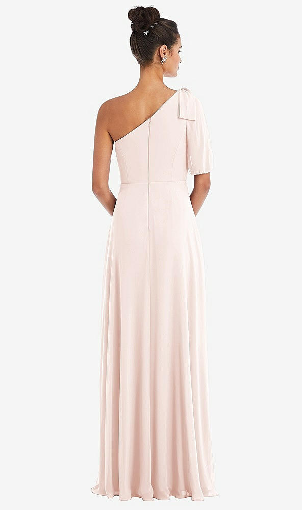 Back View - Blush Bow One-Shoulder Flounce Sleeve Maxi Dress