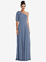 Front View Thumbnail - Larkspur Blue Bow One-Shoulder Flounce Sleeve Maxi Dress