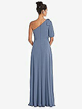 Rear View Thumbnail - Larkspur Blue Bow One-Shoulder Flounce Sleeve Maxi Dress