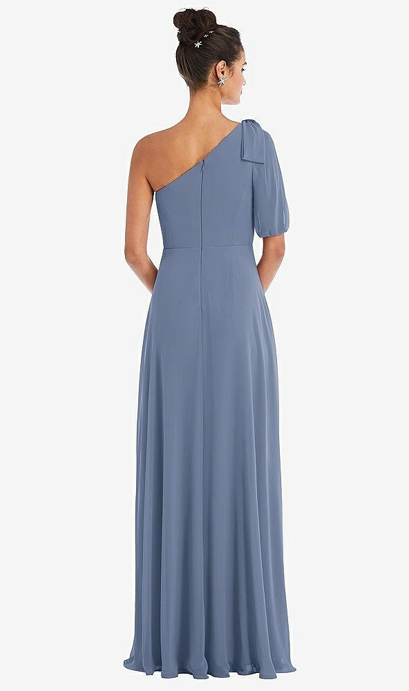 Back View - Larkspur Blue Bow One-Shoulder Flounce Sleeve Maxi Dress