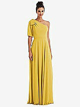 Front View Thumbnail - Marigold Bow One-Shoulder Flounce Sleeve Maxi Dress