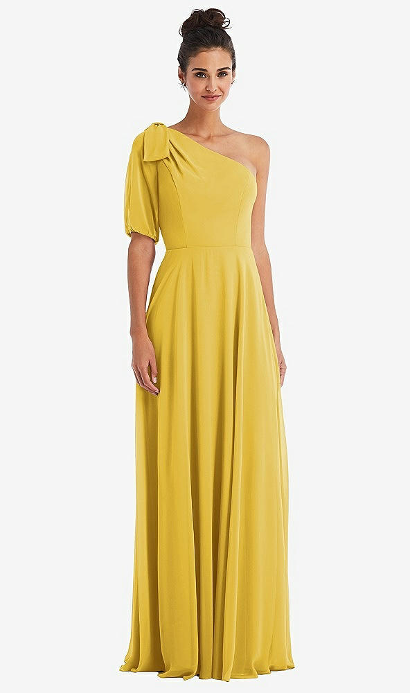 Front View - Marigold Bow One-Shoulder Flounce Sleeve Maxi Dress