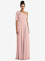 Front View Thumbnail - Rose - PANTONE Rose Quartz Bow One-Shoulder Flounce Sleeve Maxi Dress