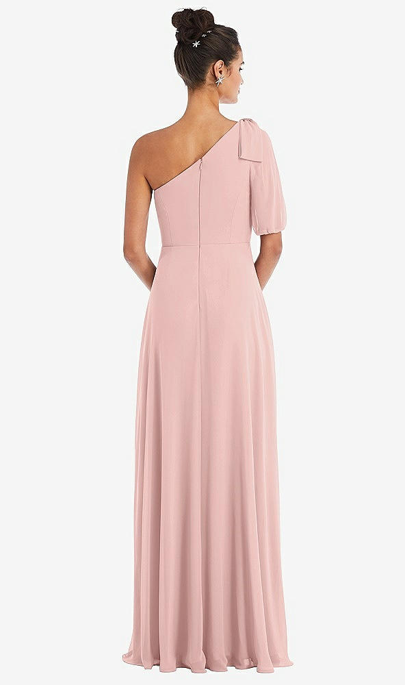 Back View - Rose - PANTONE Rose Quartz Bow One-Shoulder Flounce Sleeve Maxi Dress