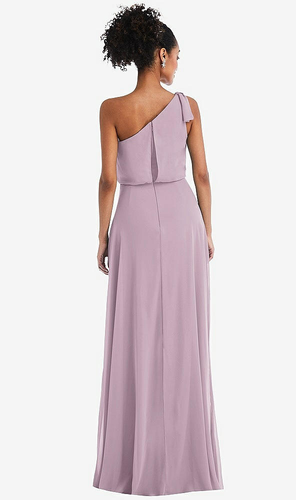 Back View - Suede Rose One-Shoulder Bow Blouson Bodice Maxi Dress