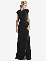 Front View Thumbnail - Black Cap Sleeve Open-Back Trumpet Gown with Front Slit