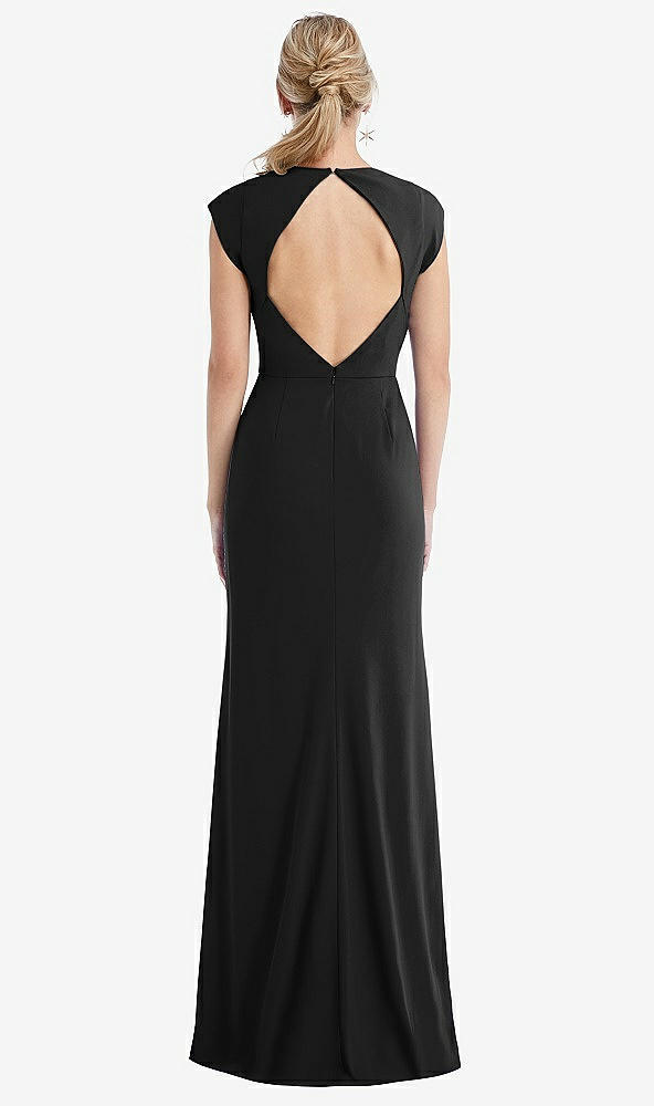 Back View - Black Cap Sleeve Open-Back Trumpet Gown with Front Slit