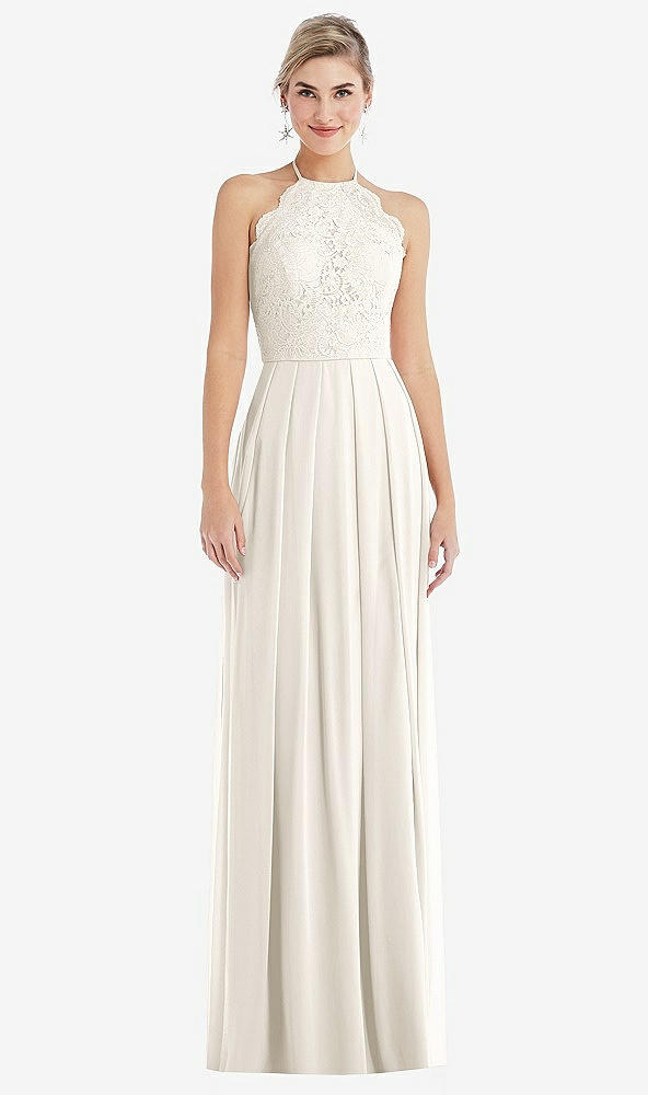 Front View - Ivory Tie-Neck Lace Halter Pleated Skirt Maxi Dress